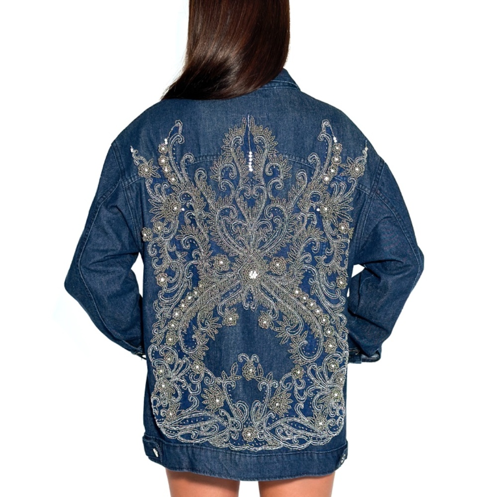 One of a kind embroidered jacket - Blue, silver & light purple Crystals - Louisa
